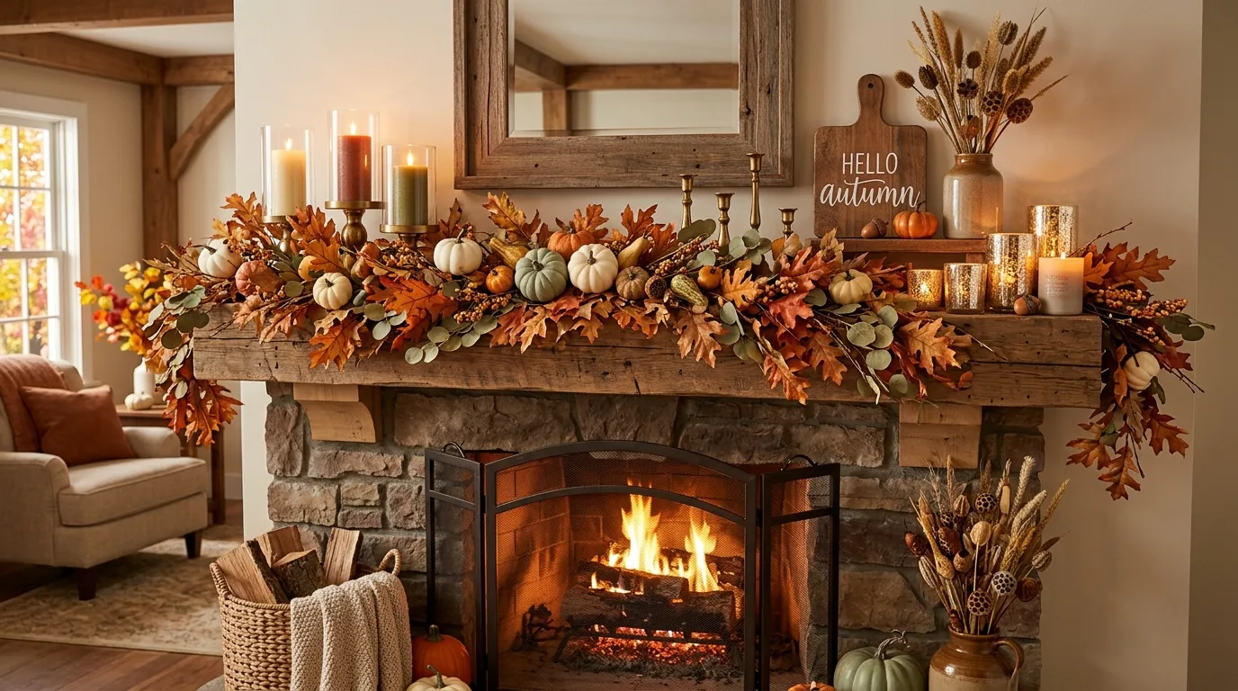 Warm fall mantel decor for a cozy autumn fireside display.